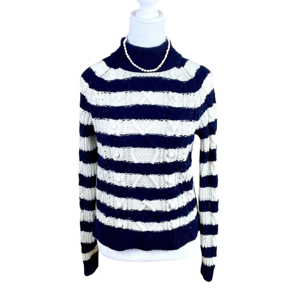 J. Crew Sweater Stripe Cable Knit & Knots Blue White Nautical Coastal (XS)